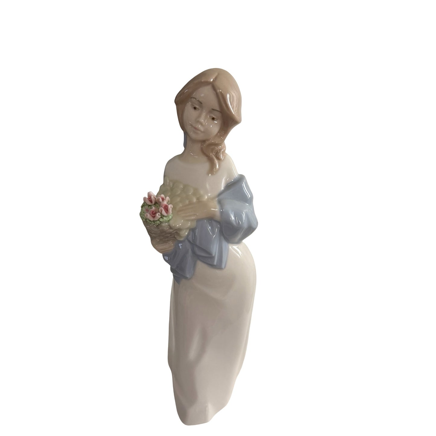 Vintage Nadal Spain Girl With Basket of Flowers Porcelain Figurine Blue Shawl