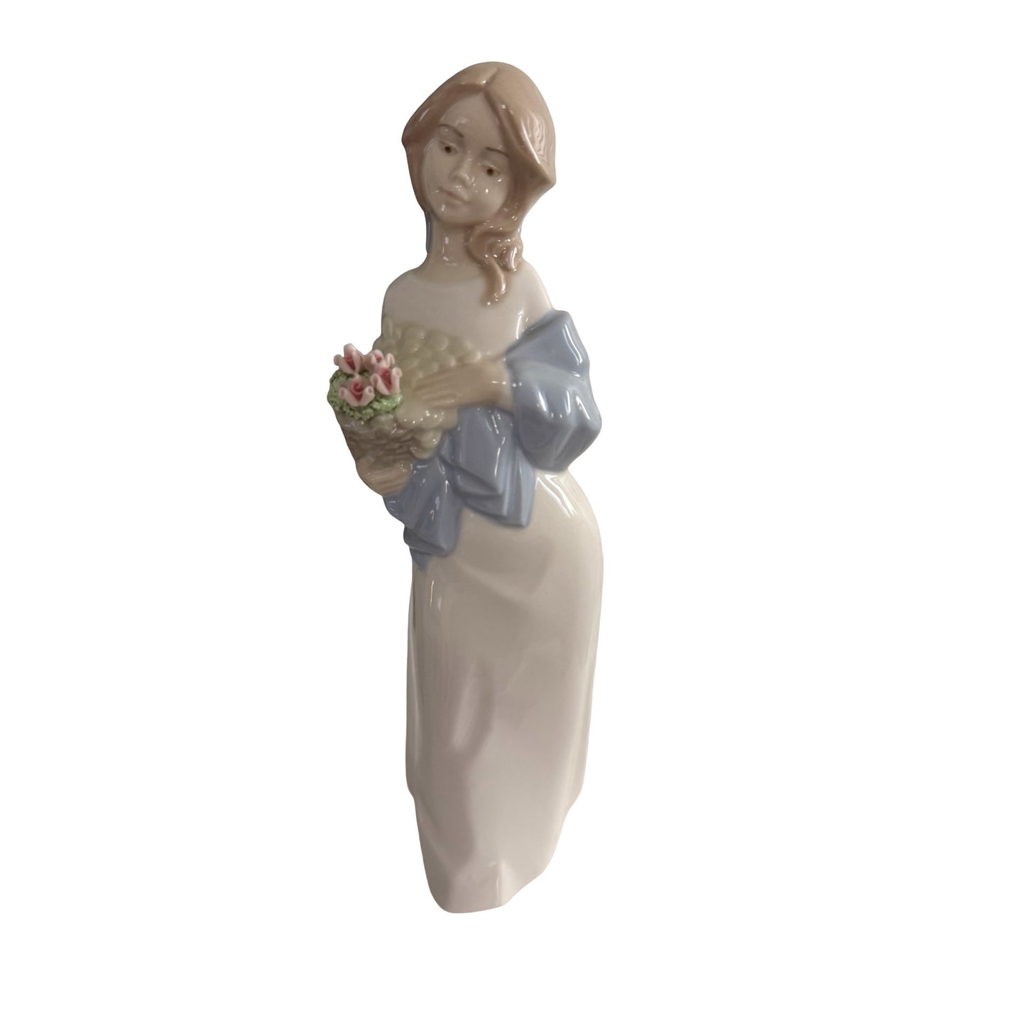 Vintage Nadal Spain Girl With Basket of Flowers Porcelain Figurine Blue Shawl