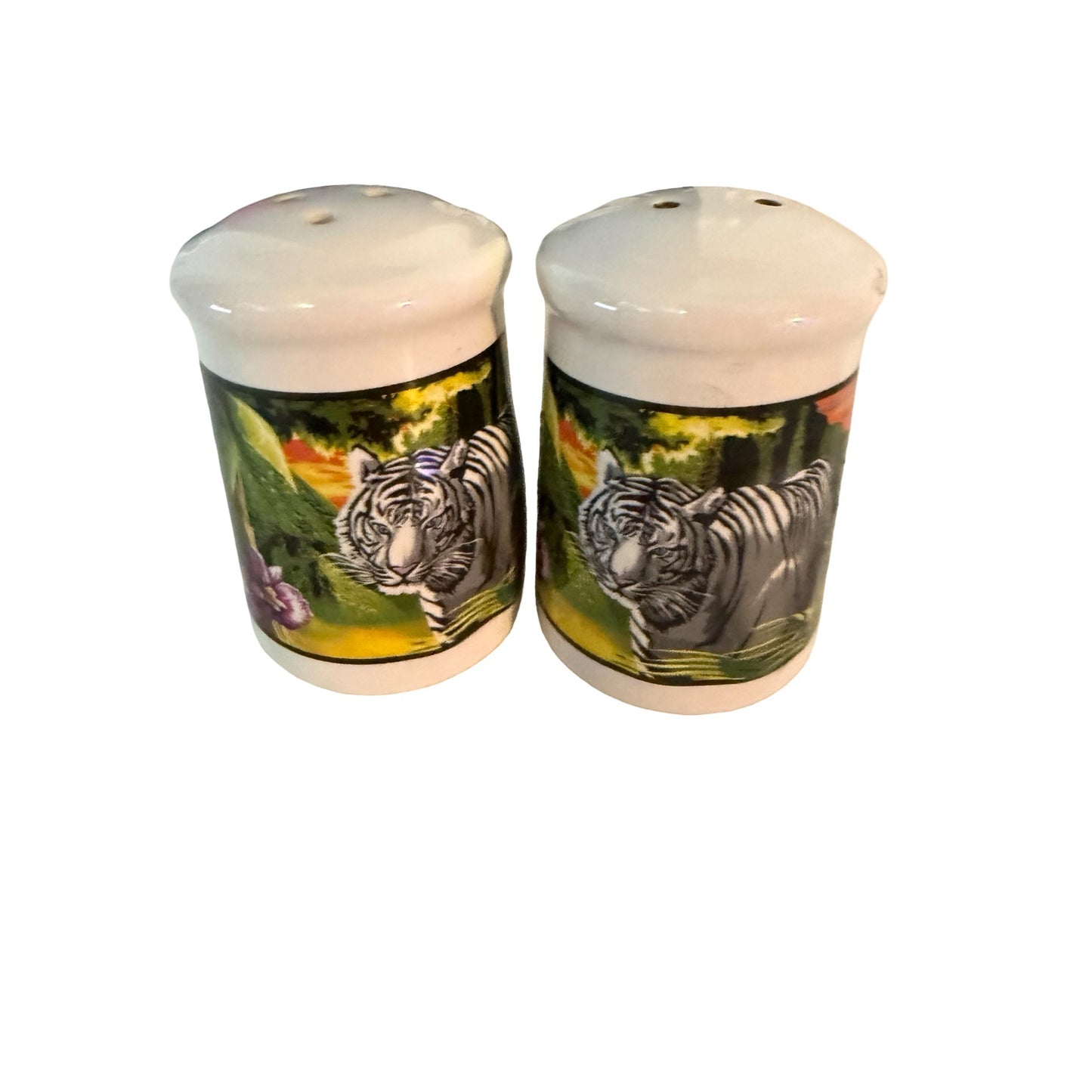 Busch Gardens White Tiger Salt & Pepper Shakers Ceramic Souvenir Set Safari Theme