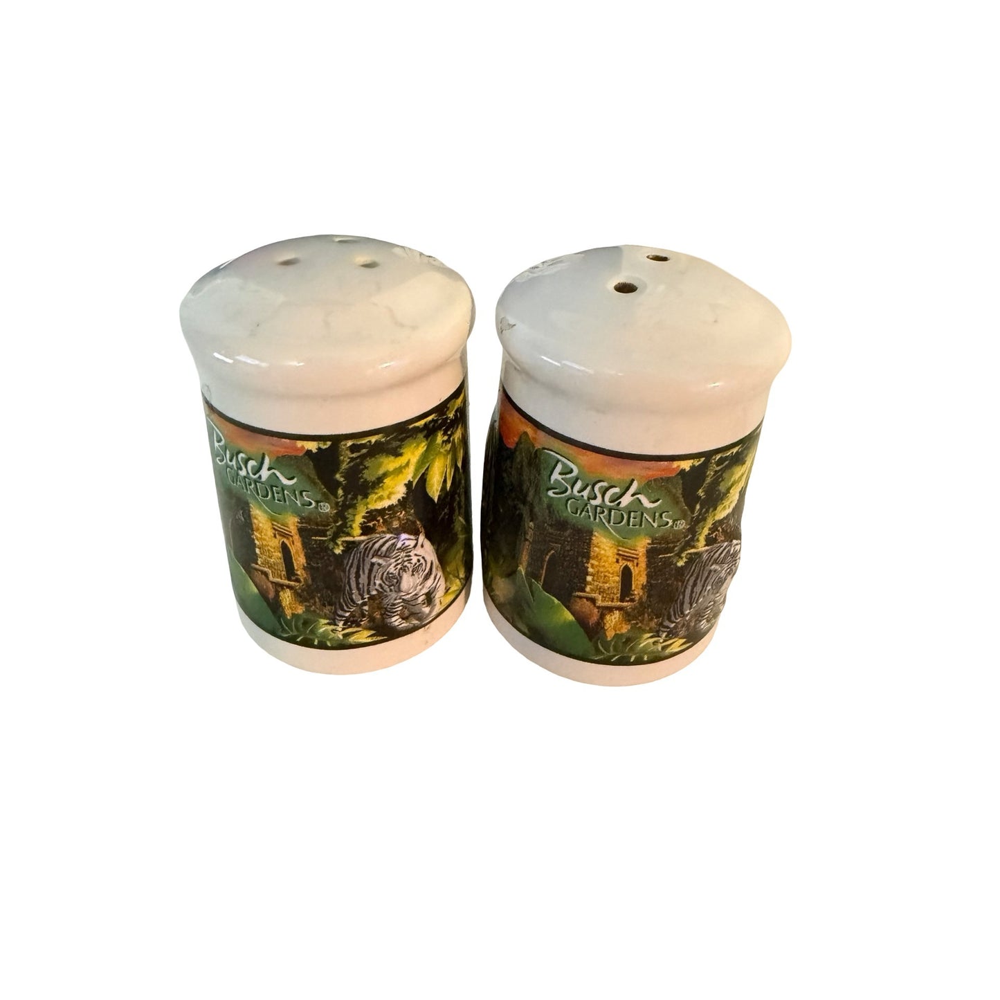 Busch Gardens White Tiger Salt & Pepper Shakers Ceramic Souvenir Set Safari Theme
