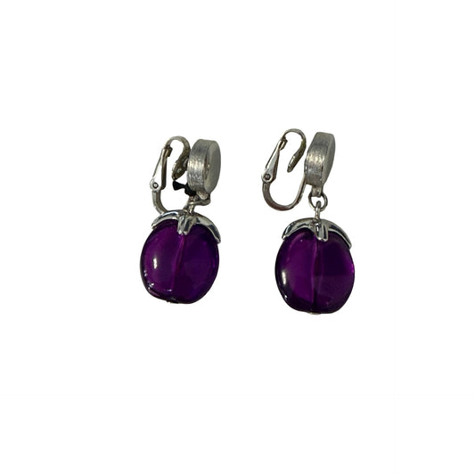 Vintage Purple Lucite Clip On Earrings Silver Tone Dangle Earrings Retro Costume Jewelry