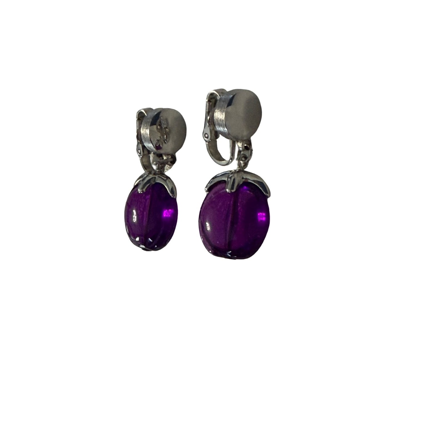 Vintage Purple Lucite Clip On Earrings Silver Tone Dangle Earrings Retro Costume Jewelry