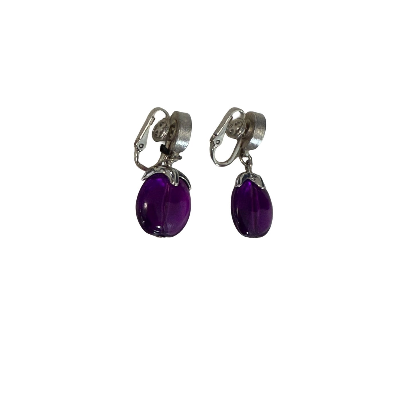 Vintage Purple Lucite Clip On Earrings Silver Tone Dangle Earrings Retro Costume Jewelry