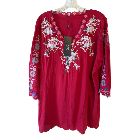 AK Embroidered Rayon Tunic Top 3XL Red Floral Boho Peasant Blouse NWT