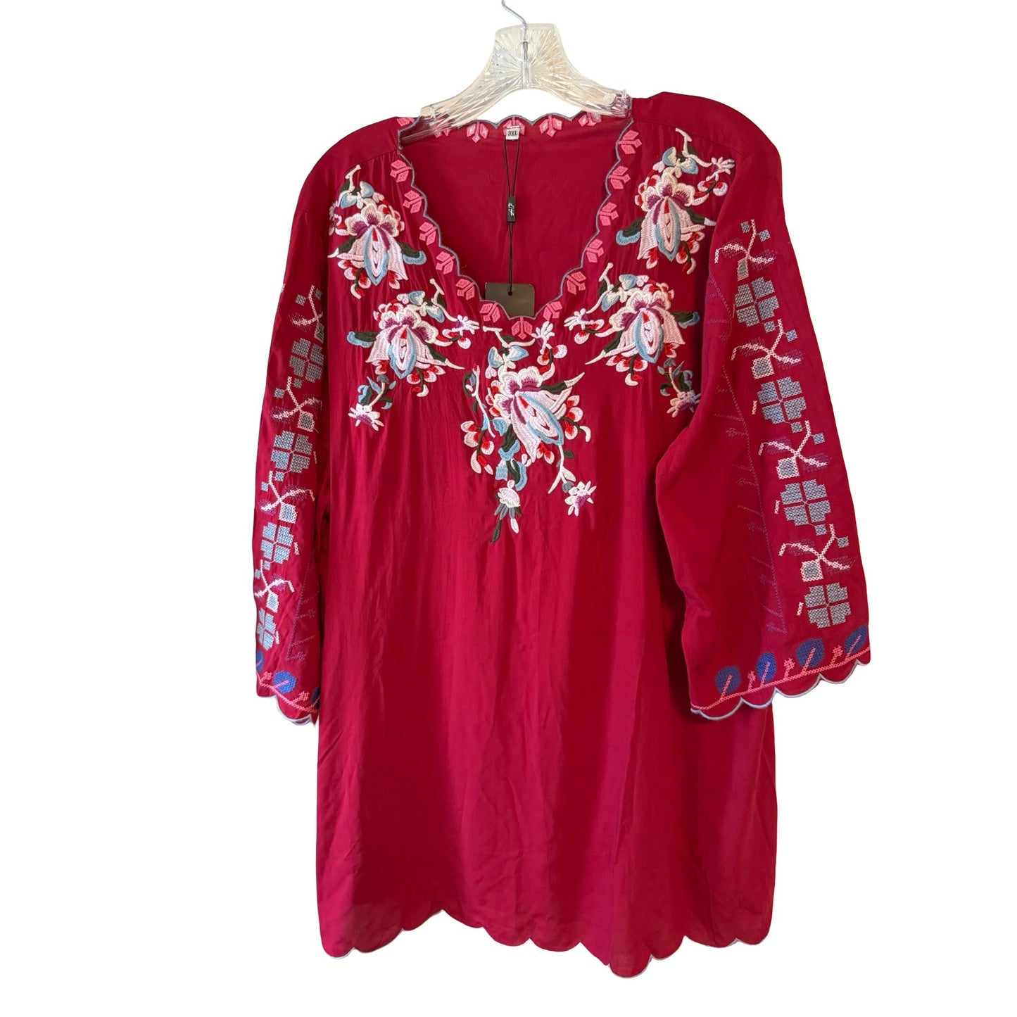 AK Embroidered Rayon Tunic Top 3XL Red Floral Boho Peasant Blouse NWT