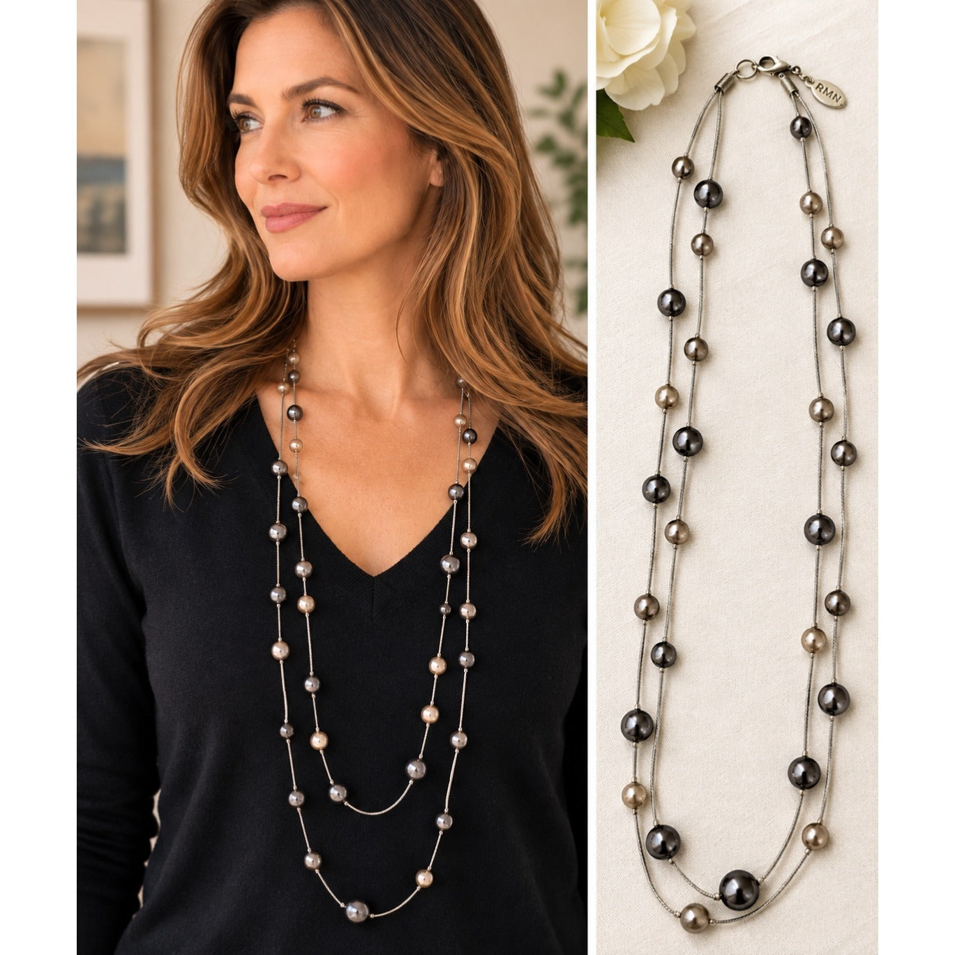 Vintage RMN Roman 34" Double Strand Gray Faux Pearl Station Necklace