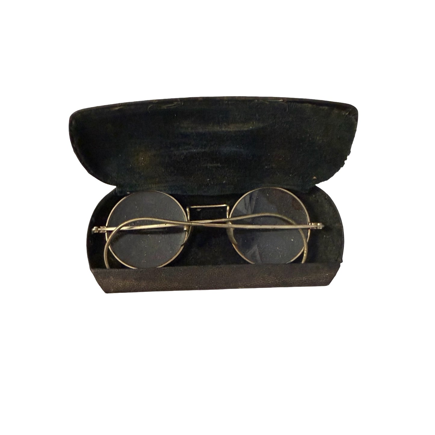 Antique Wire Rim Round Eyeglasses With Original Black Leatherette Case Vintage Spectacles