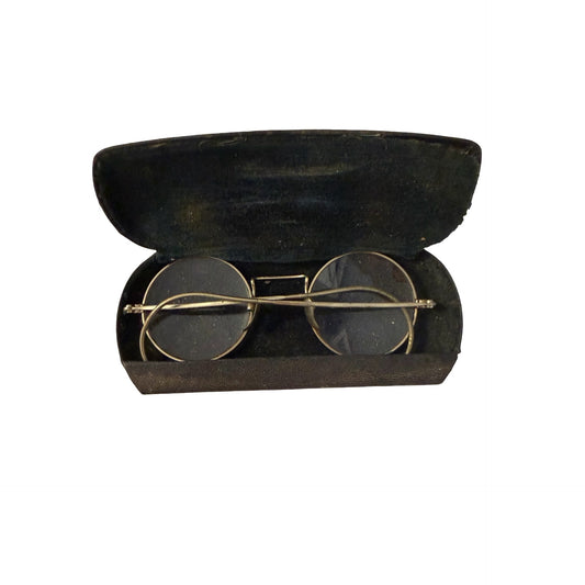 Antique Wire Rim Round Eyeglasses With Original Black Leatherette Case Vintage Spectacles