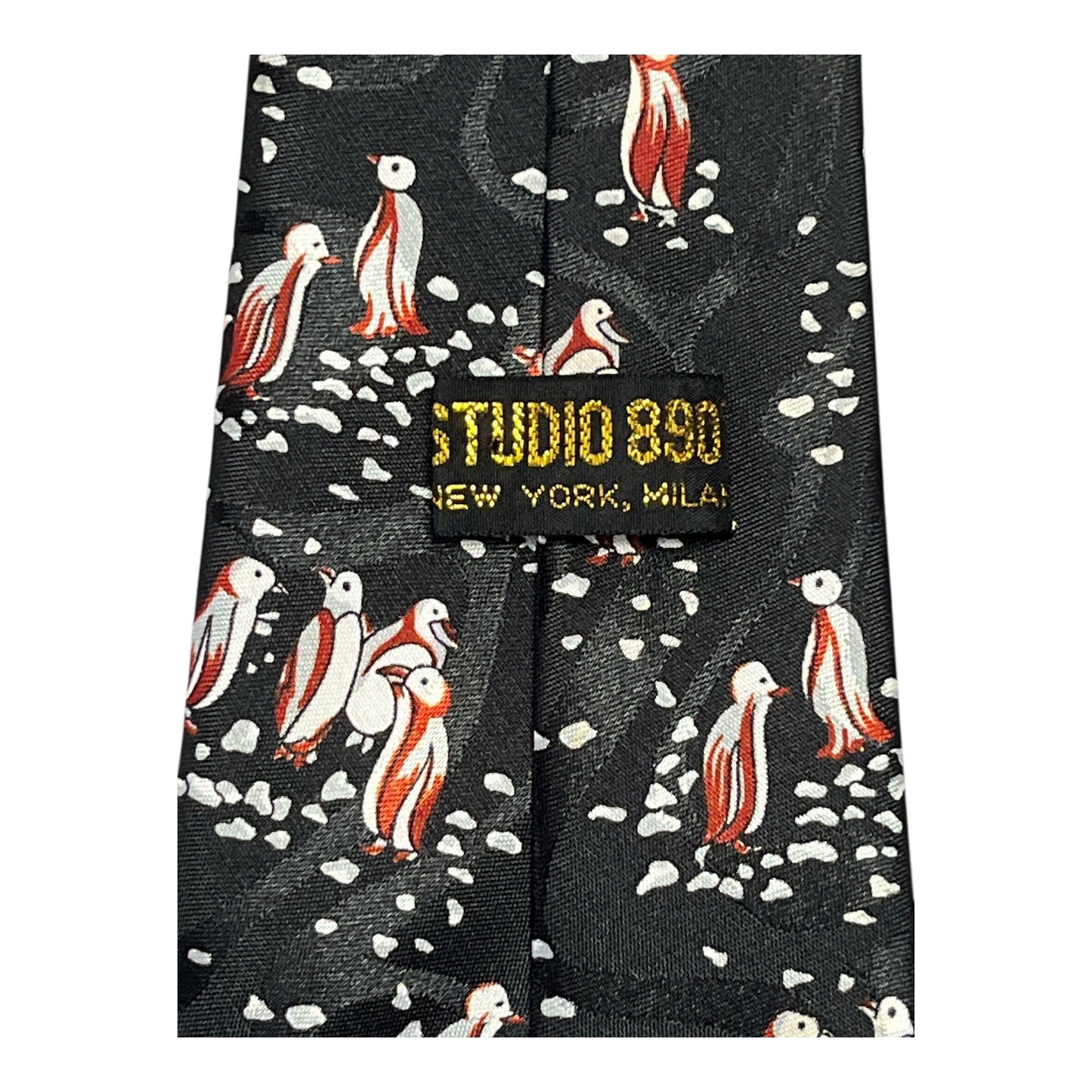 Studio 890 Men’s Silk Tie – Penguin Print – 1990s to Early 2000s