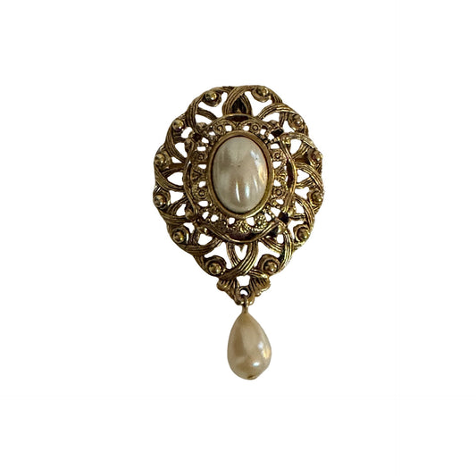 Vintage Gold Tone Filigree Faux Pearl Dangle Brooch Pin Pendant Convertible 3 Inch