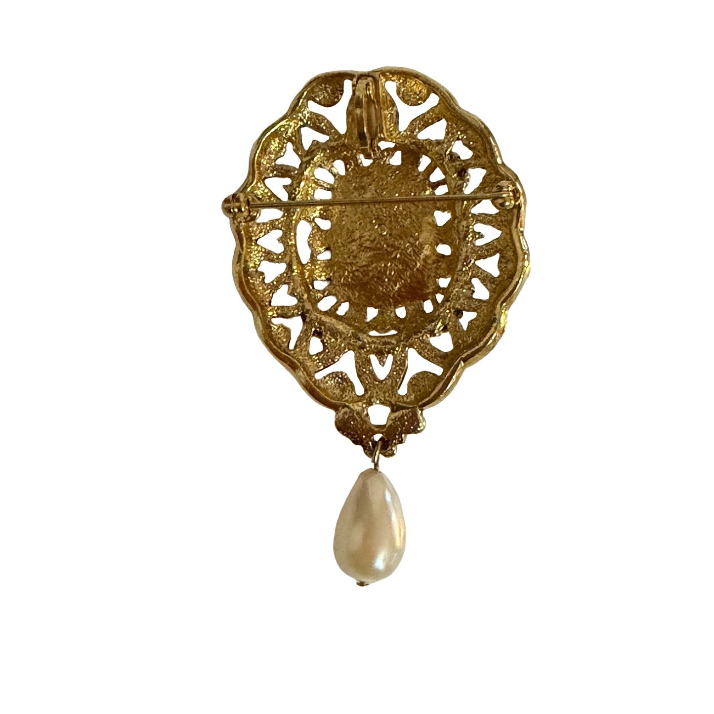 Vintage Gold Tone Filigree Faux Pearl Dangle Brooch Pin Pendant Convertible 3 Inch
