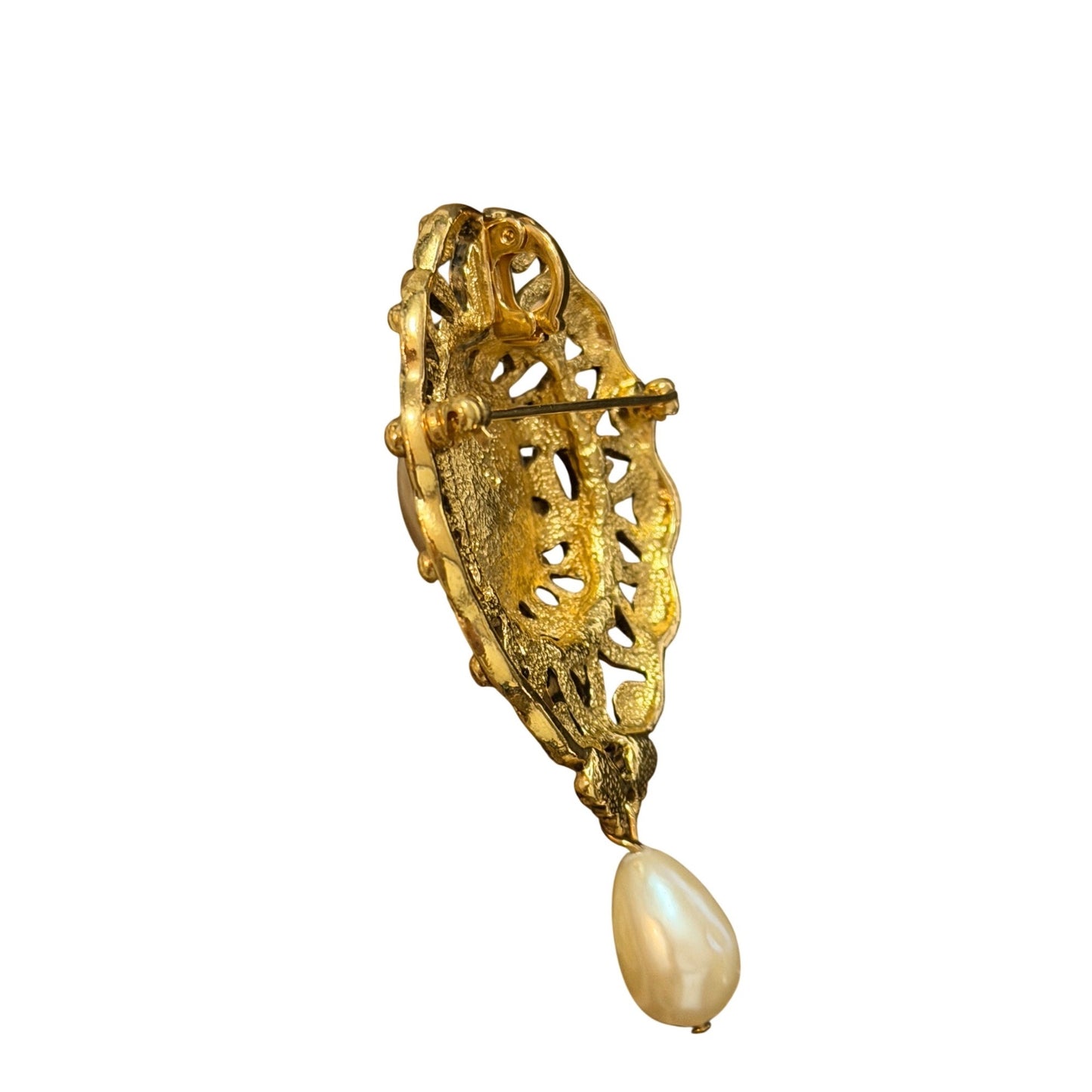 Vintage Gold Tone Filigree Faux Pearl Dangle Brooch Pin Pendant Convertible 3 Inch