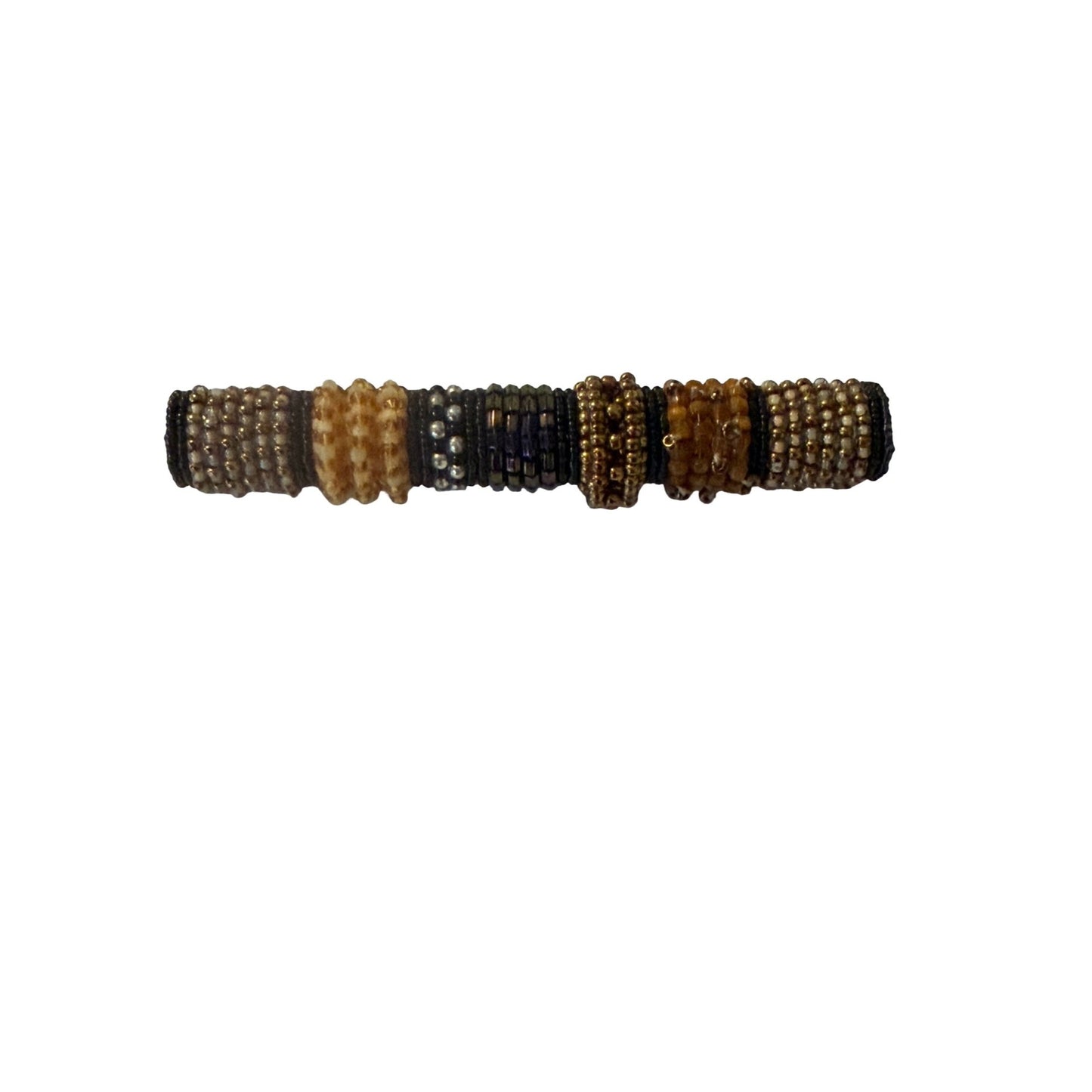 Vintage Beaded Brooch Brown Gold Black Seed Bead Faux Pearl Statement Pin Boho