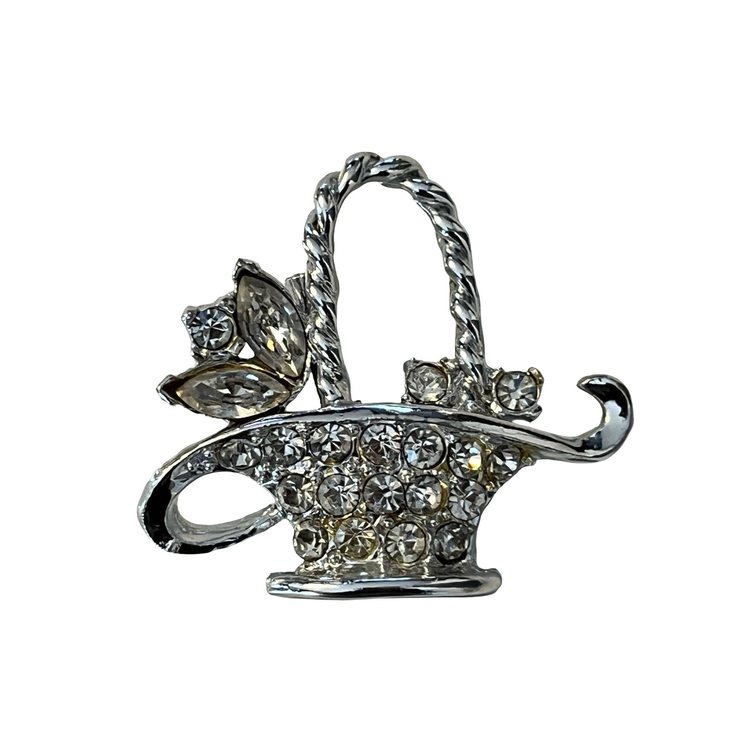 Vintage Rhinestone Watering Can Brooch Silver Tone Floral Pin Figural Garden Jewelry