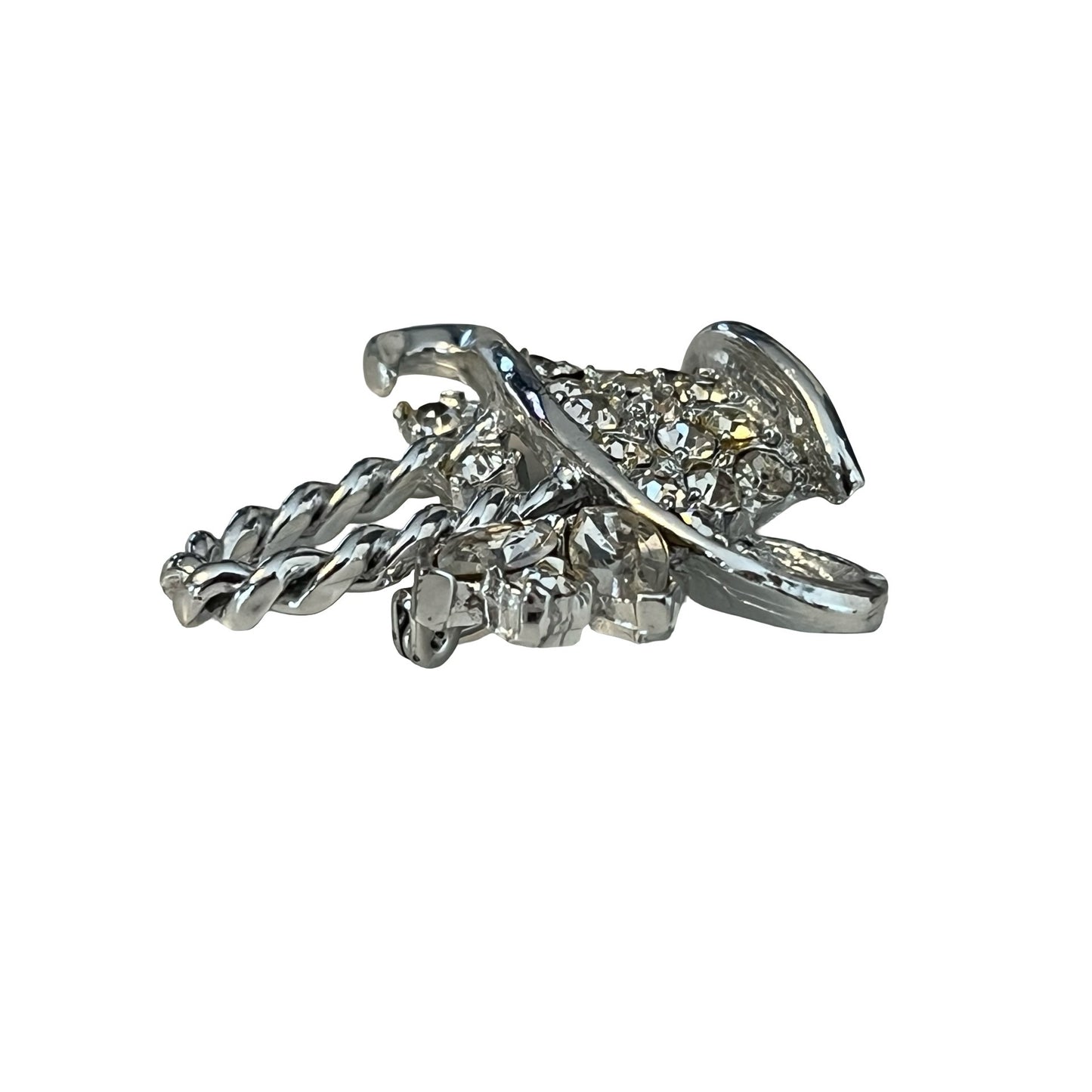 Vintage Rhinestone Watering Can Brooch Silver Tone Floral Pin Figural Garden Jewelry