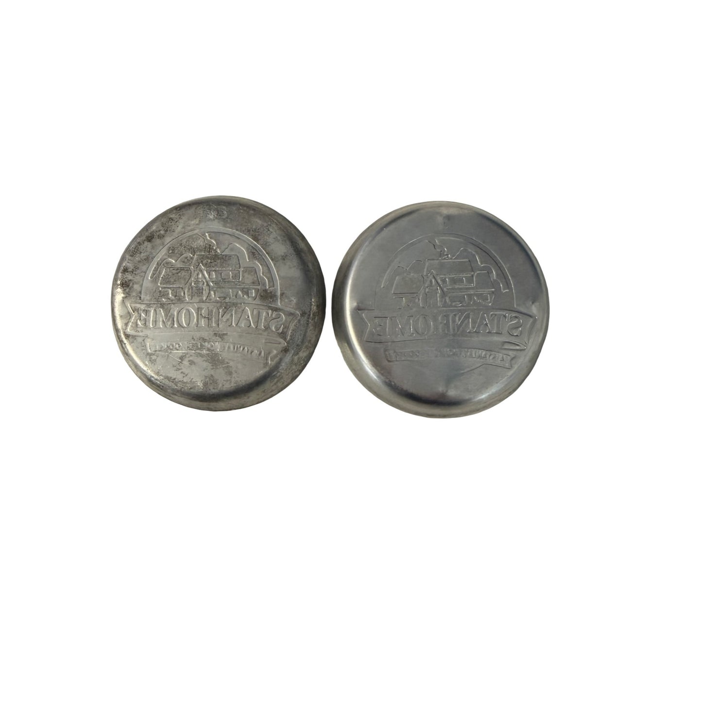 Vintage Stanhome Aluminum Advertising Coasters Trinket Dishes Set of 2 Mini Pie Tins