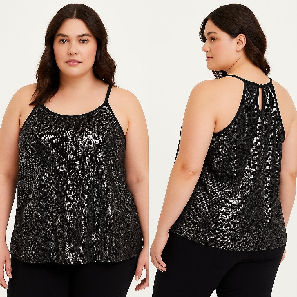 Torrid Women’s Plus Size 2 Black Silver Metallic Tank Top Keyhole Back Party Blouse