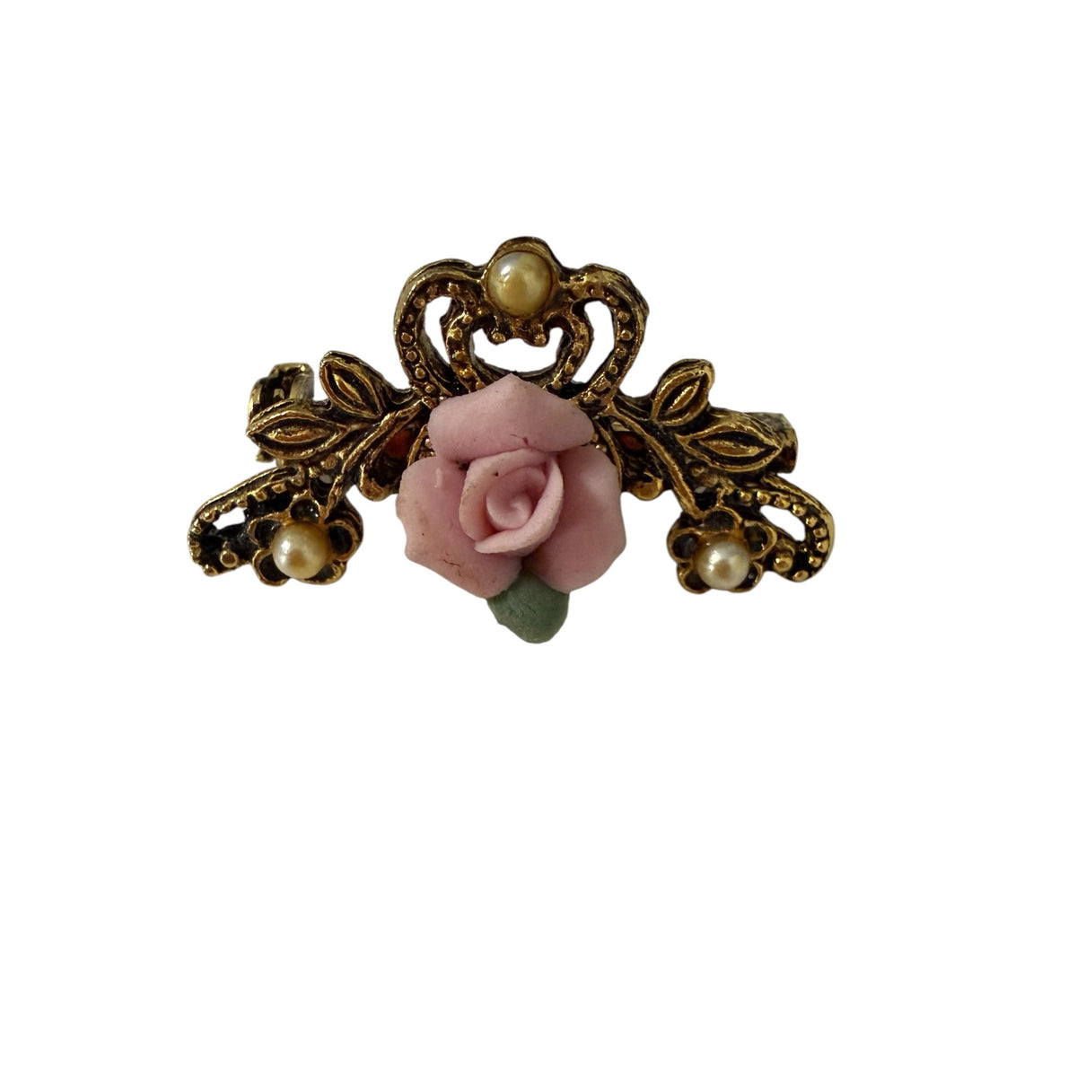 Vintage Pink Porcelain Rose Brooch Gold Tone Filigree Faux Pearl Victorian Revival 1.25 Inch