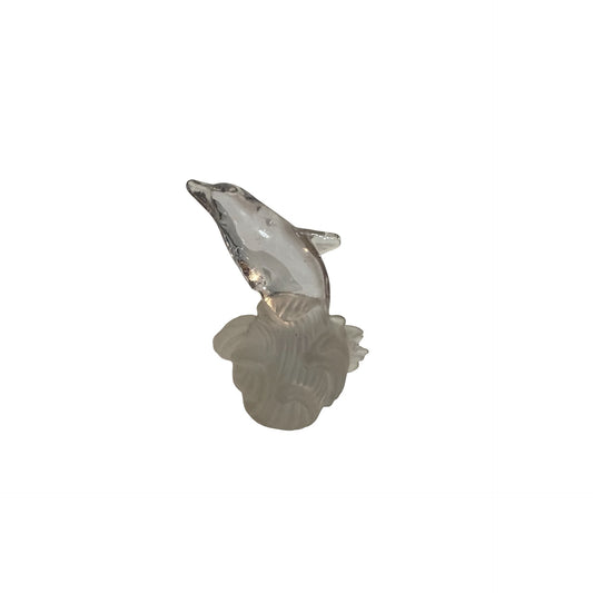 Vintage Frosted Glass Dolphin Figurine on Wave Base Made in Taiwan 4" Coastal Décor