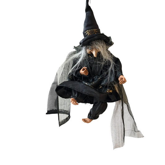 Vintage Hanging Halloween Witch Figure Black Fabric Gray Hair 9" Decoration Missing Broom