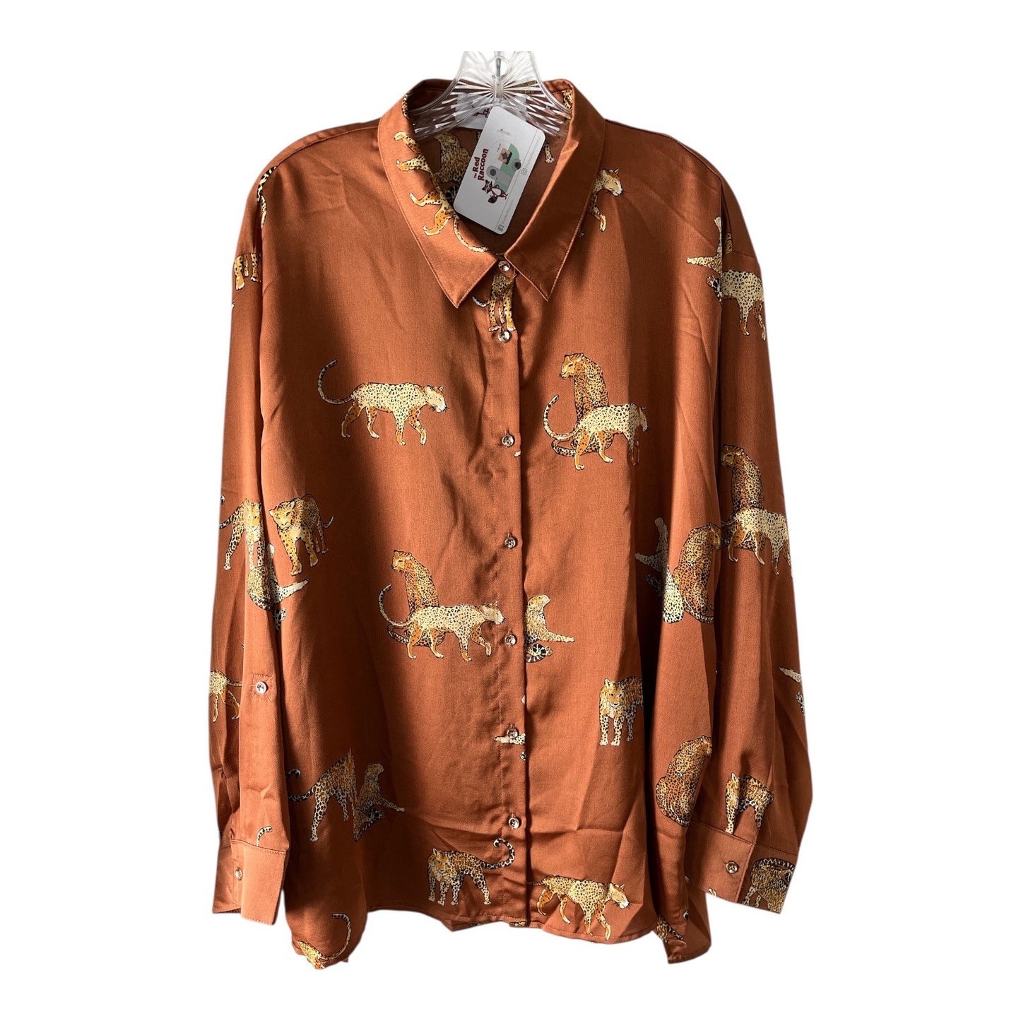 r2 Women’s XL Brown Satin Animal Print Button-Front Shirt – Cheetah Pattern – NWT