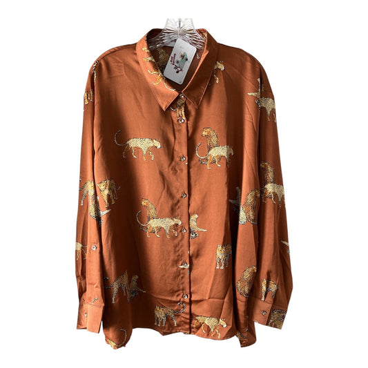 r2 Women’s XL Brown Satin Animal Print Button-Front Shirt – Cheetah Pattern – NWT