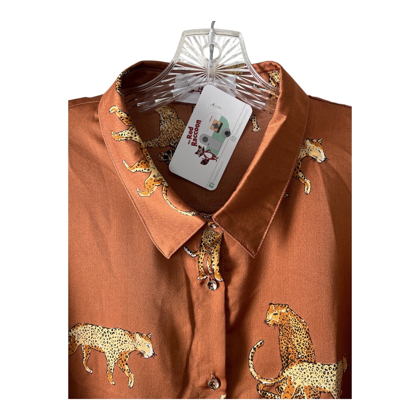 r2 Women’s XL Brown Satin Animal Print Button-Front Shirt – Cheetah Pattern – NWT