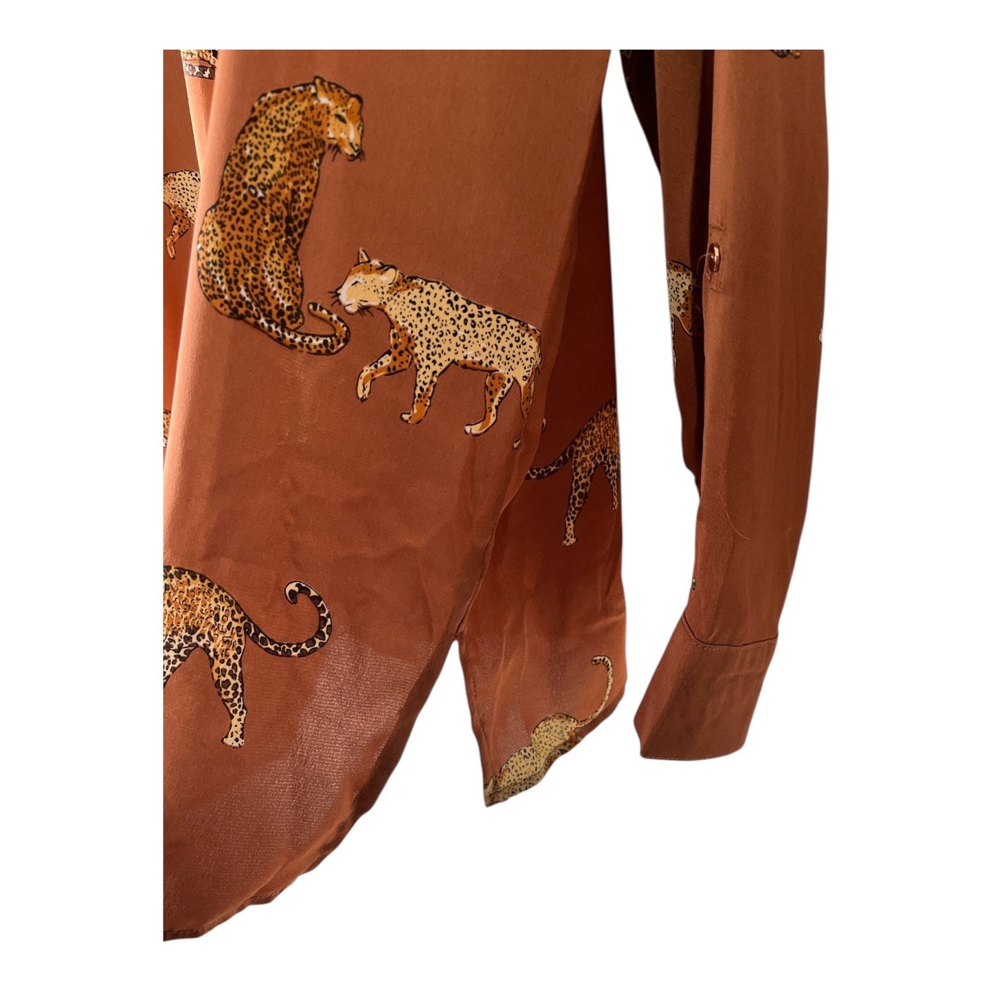 r2 Women’s XL Brown Satin Animal Print Button-Front Shirt – Cheetah Pattern – NWT