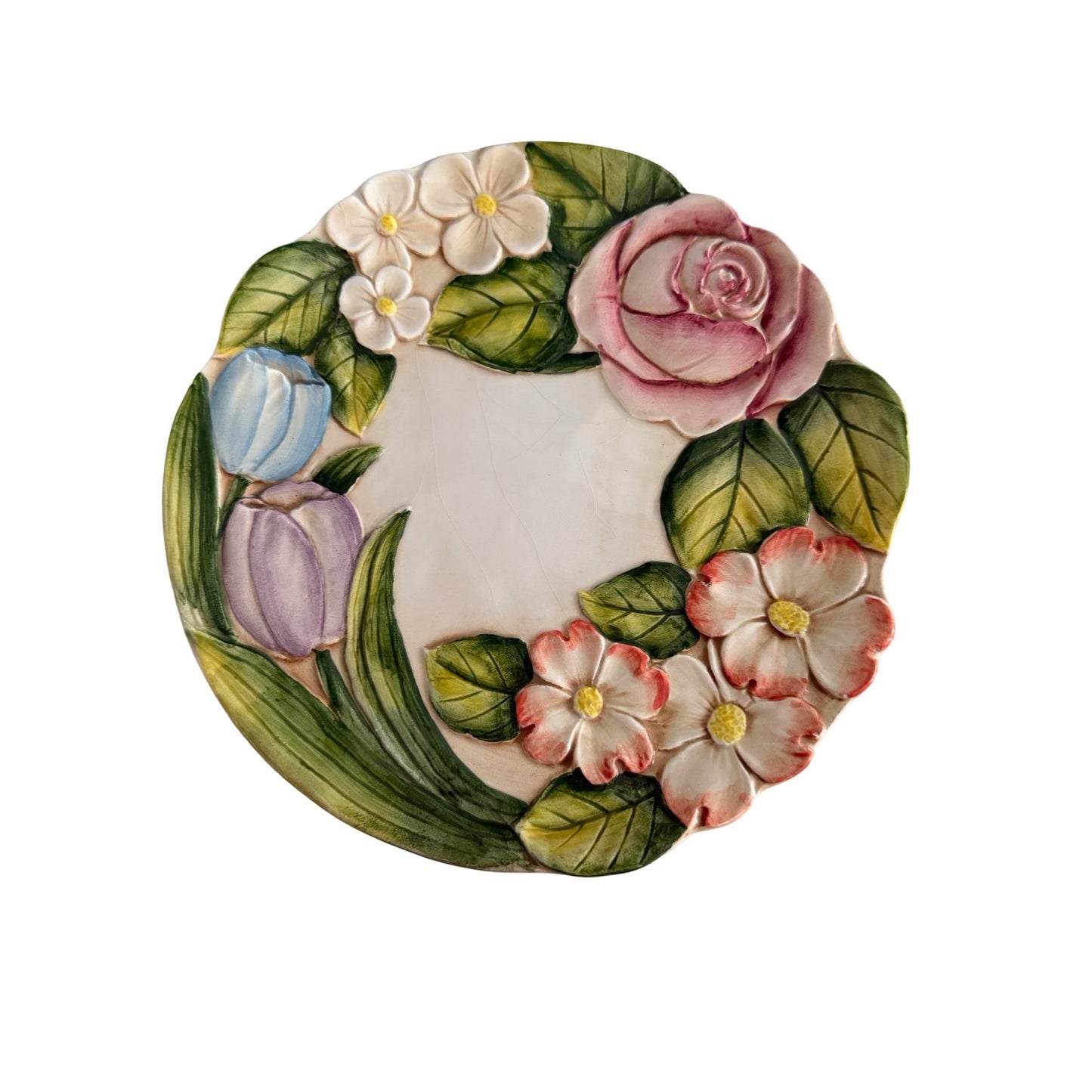 Vintage Takahashi Hand Painted Floral Plate 8 Inch Raised Relief Rose Tulip Japan