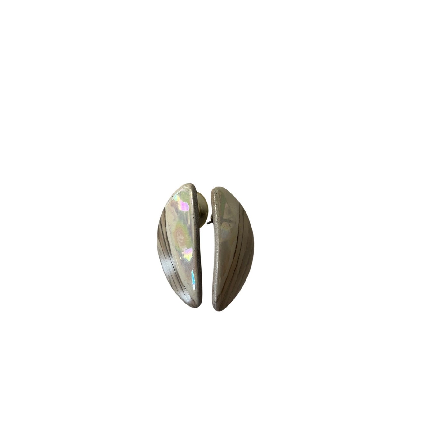 Vintage Iridescent Shell Stud Earrings Oval Mother of Pearl Look Silver Tone Retro