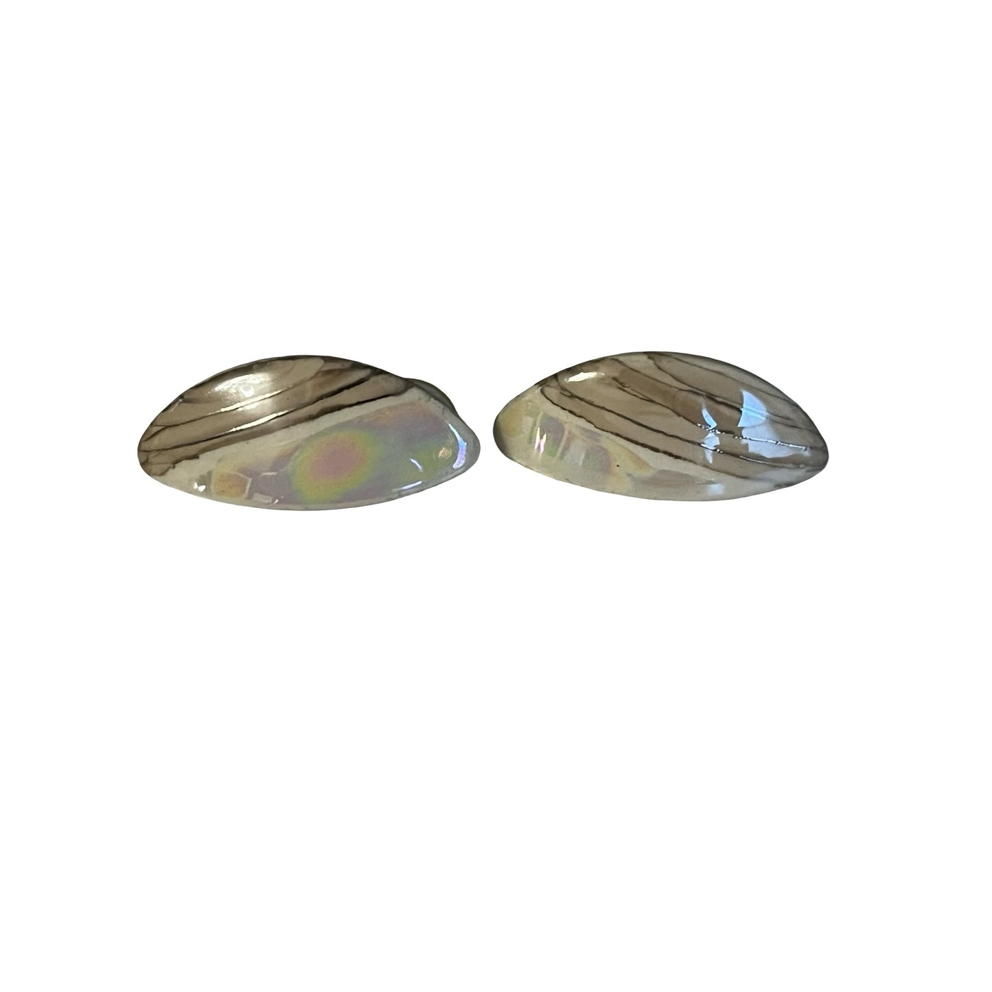 Vintage Iridescent Shell Stud Earrings Oval Mother of Pearl Look Silver Tone Retro