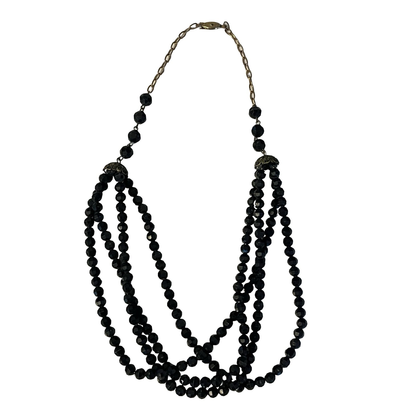 Vintage Black Faceted Glass Bead Necklace Multi Strand Gold Tone 20 Inch Statement Y2K
