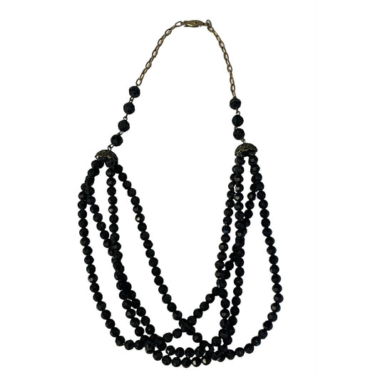 Vintage Black Faceted Glass Bead Necklace Multi Strand Gold Tone 20 Inch Statement Y2K