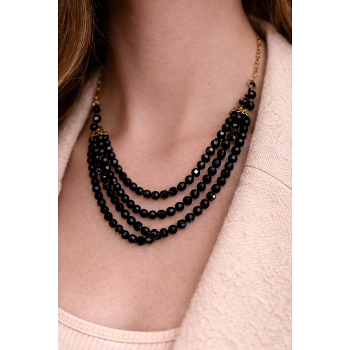 Vintage Black Faceted Glass Bead Necklace Multi Strand Gold Tone 20 Inch Statement Y2K