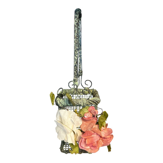 Vintage Metal Mesh Basket Purse Pink White Roses Victorian Shabby Chic Decor