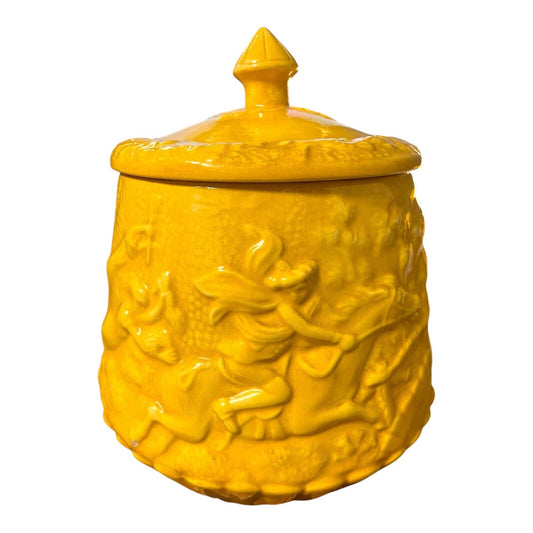 Vintage Ceramic Canister by Sande – Bas-Relief Colonial Tavern Scene with Horseback Rider – Light Mustard Yellow – Mid-Century