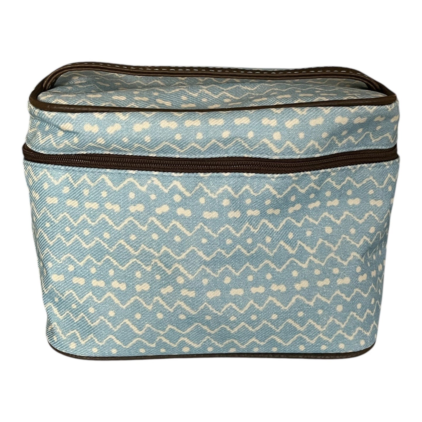 Vtg Estée Lauder Blue White Zigzag Cosmetic Travel Bag with Brown Trim