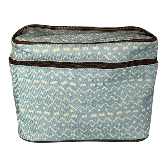 Vtg Estée Lauder Blue White Zigzag Cosmetic Travel Bag with Brown Trim