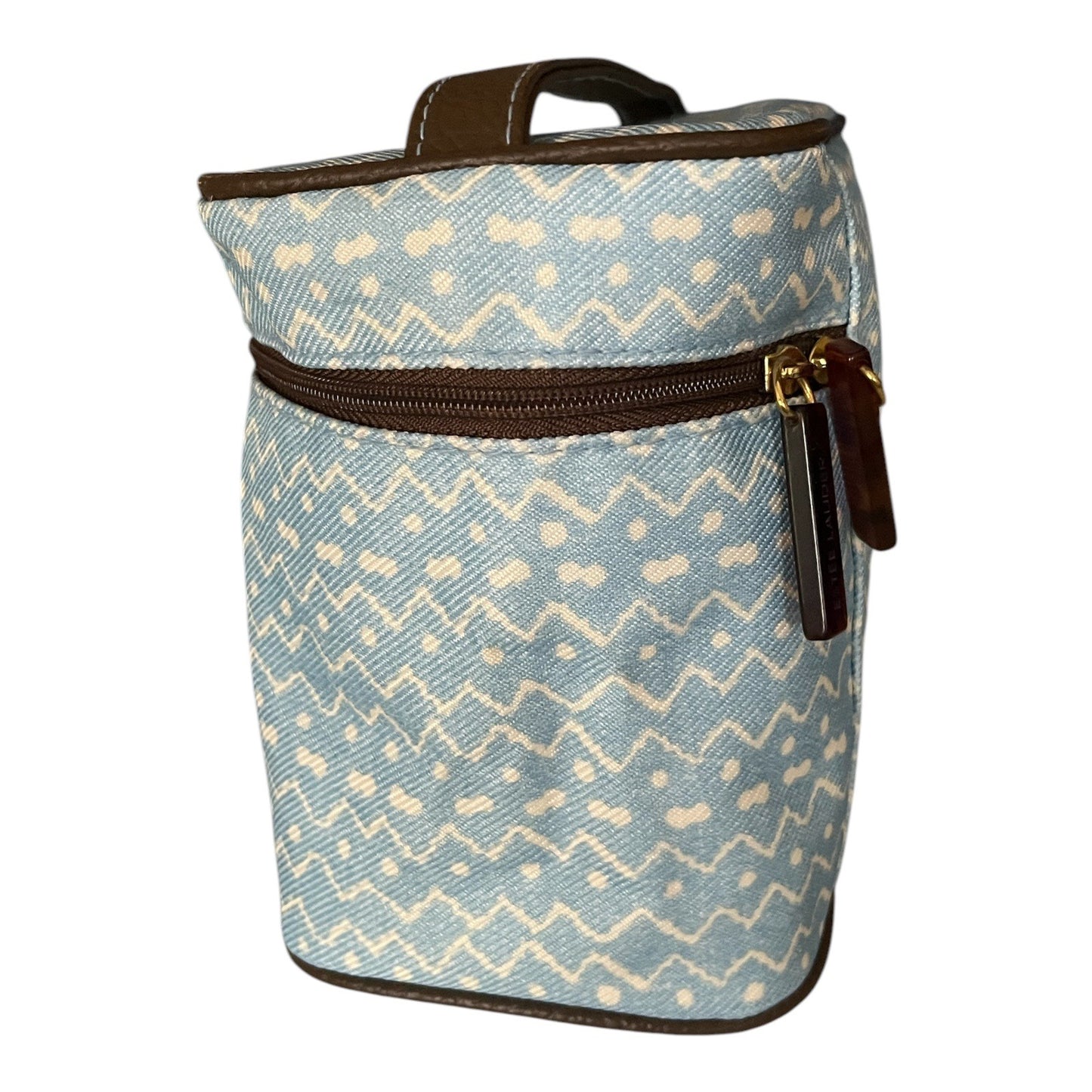 Vtg Estée Lauder Blue White Zigzag Cosmetic Travel Bag with Brown Trim