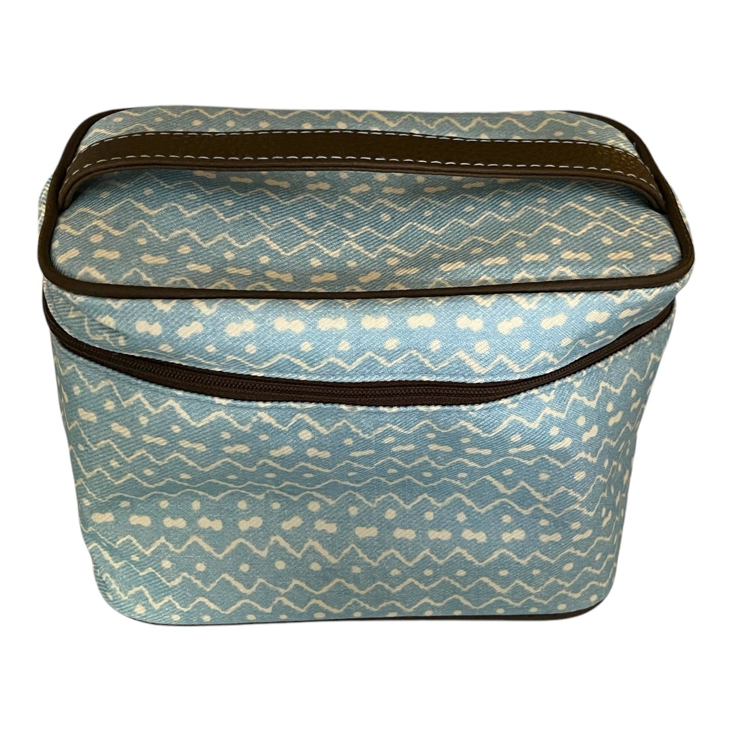 Vtg Estée Lauder Blue White Zigzag Cosmetic Travel Bag with Brown Trim