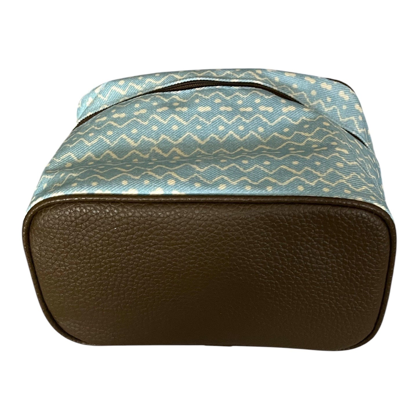 Vtg Estée Lauder Blue White Zigzag Cosmetic Travel Bag with Brown Trim