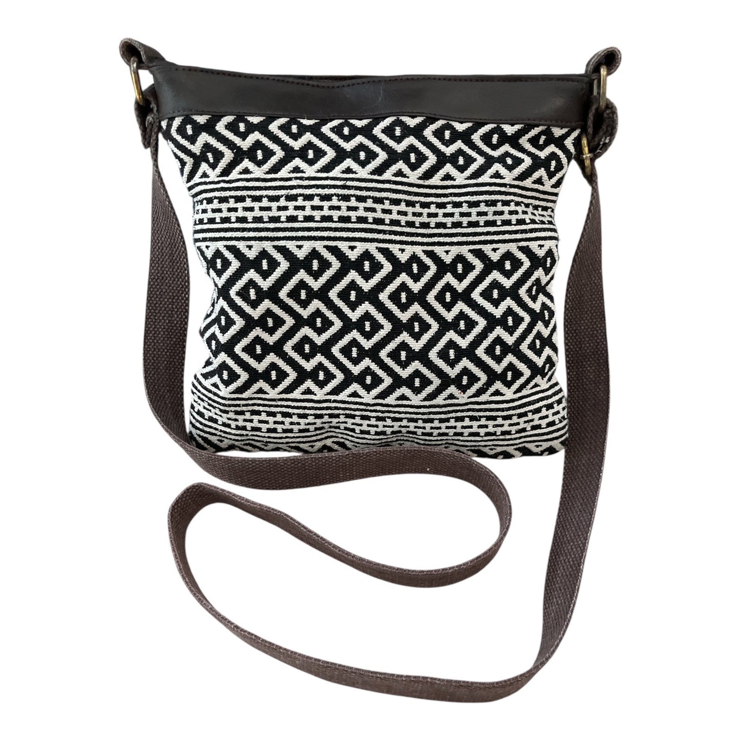 Quagga Black & White Boho Crossbody Bag – Woven Tribal Pattern, 9"x9"