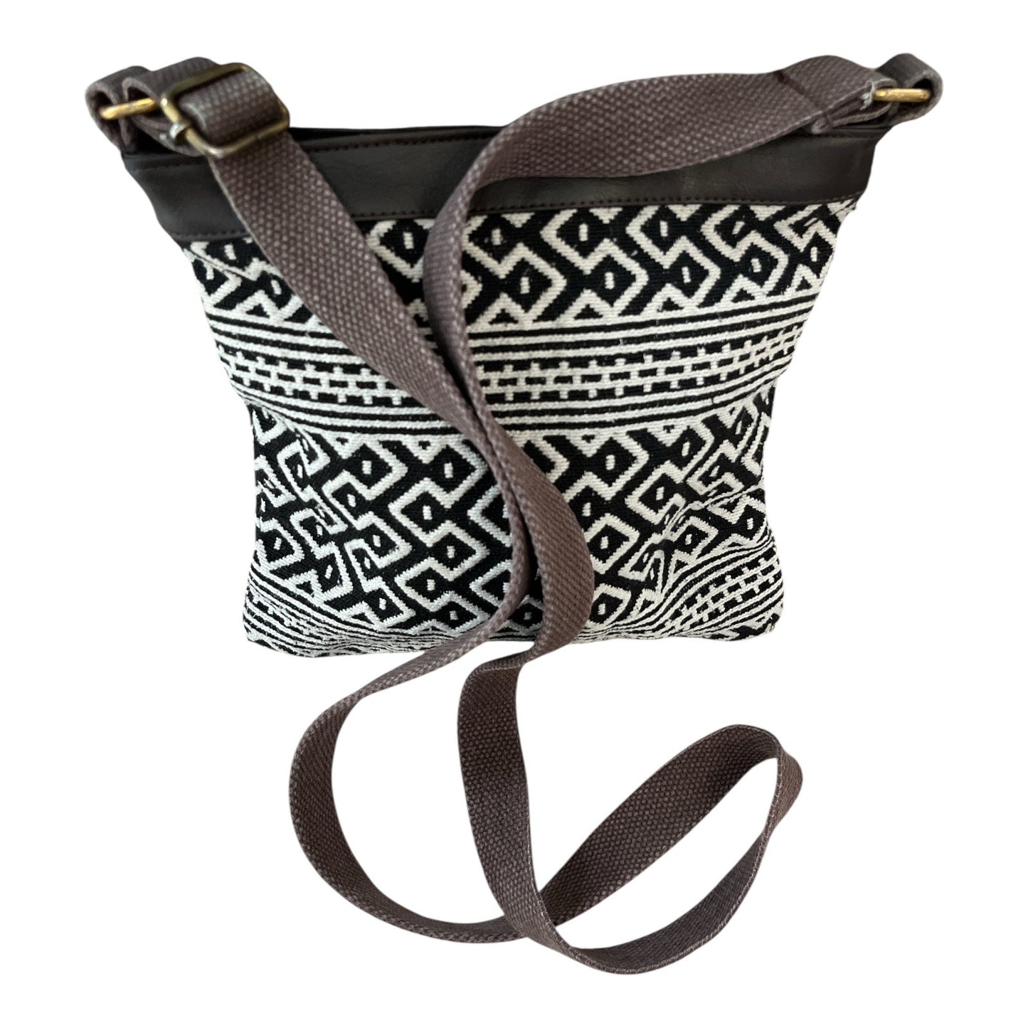Quagga Black & White Boho Crossbody Bag – Woven Tribal Pattern, 9"x9"