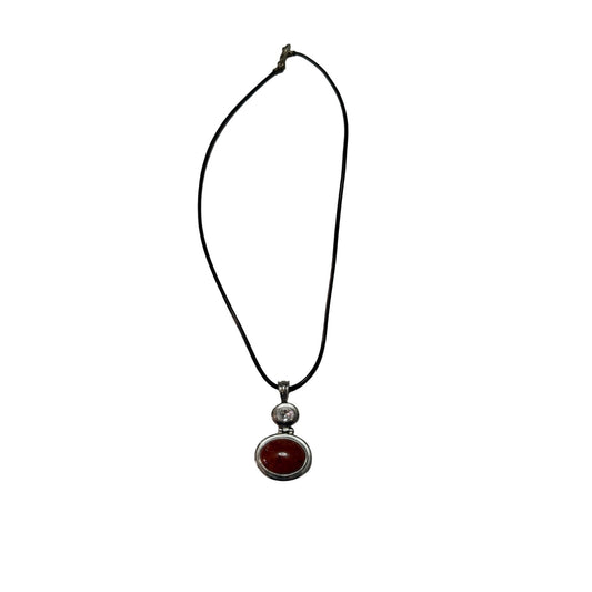Vintage Red Cabochon Clear Rhinestone Pendant Necklace Black Cord 16 Inch