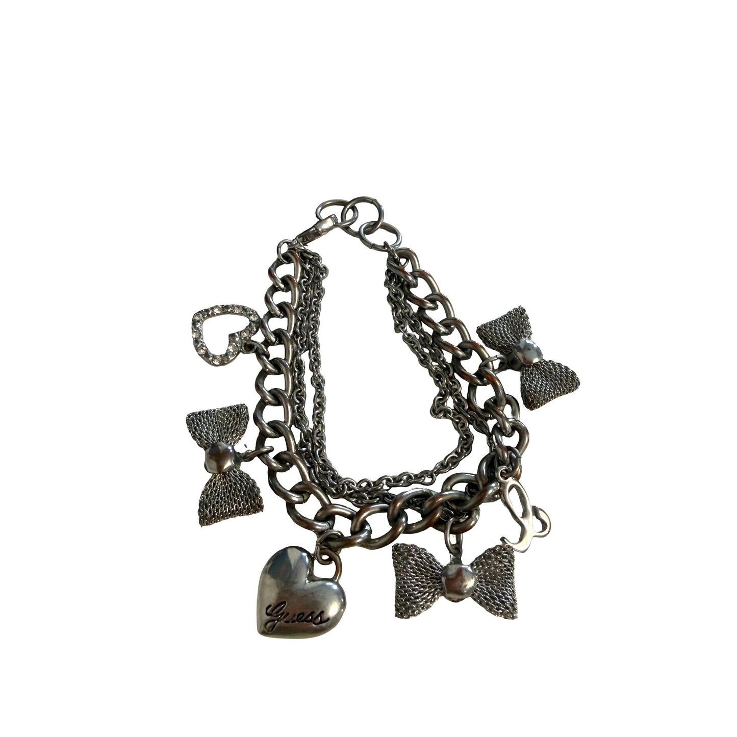 Guess Silver Tone Charm Bracelet Heart Bow Multi Chain Layered Bracelet 7"