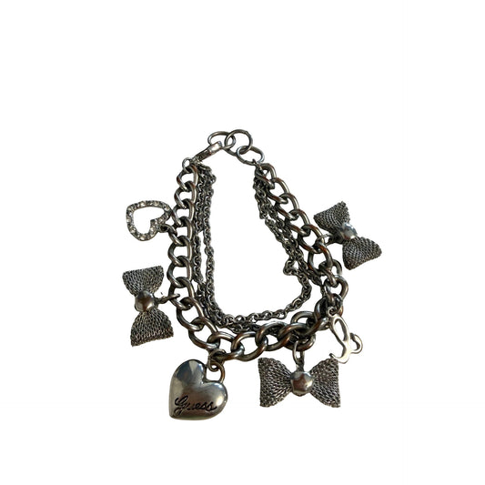 Guess Silver Tone Charm Bracelet Heart Bow Multi Chain Layered Bracelet 7"