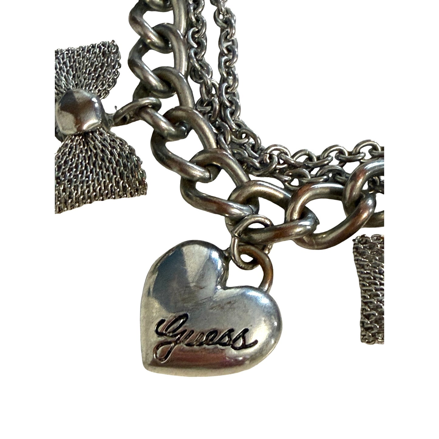 Guess Silver Tone Charm Bracelet Heart Bow Multi Chain Layered Bracelet 7"