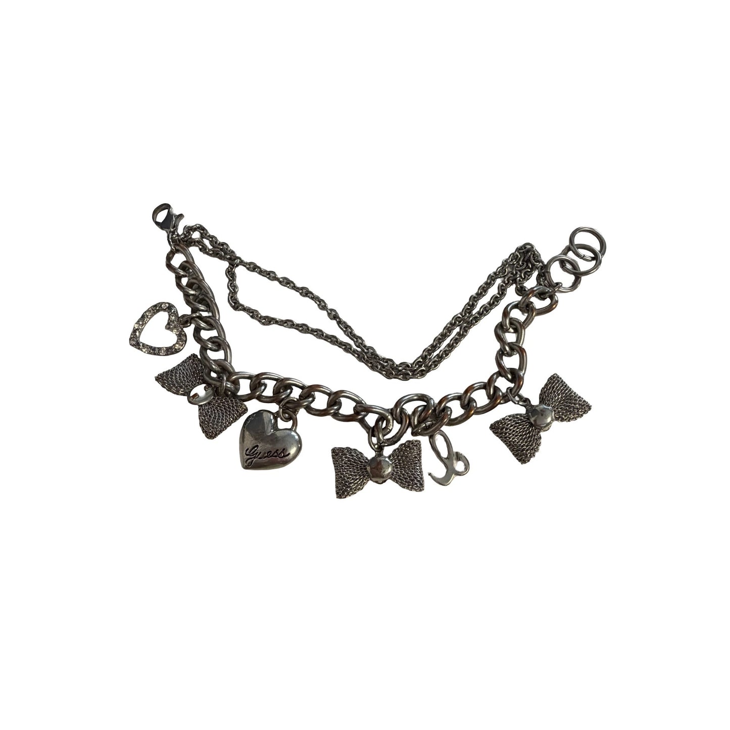 Guess Silver Tone Charm Bracelet Heart Bow Multi Chain Layered Bracelet 7"