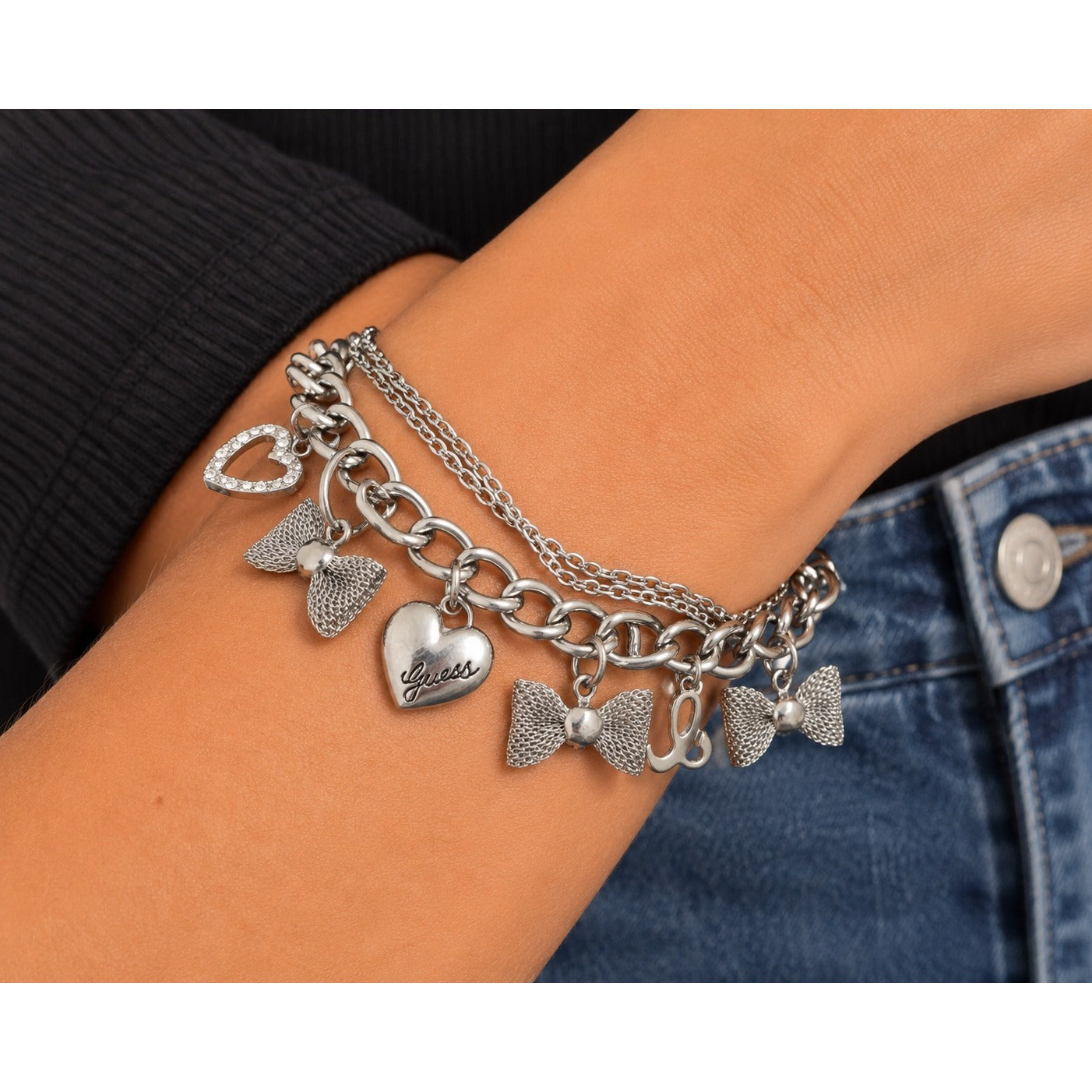 Guess Silver Tone Charm Bracelet Heart Bow Multi Chain Layered Bracelet 7"