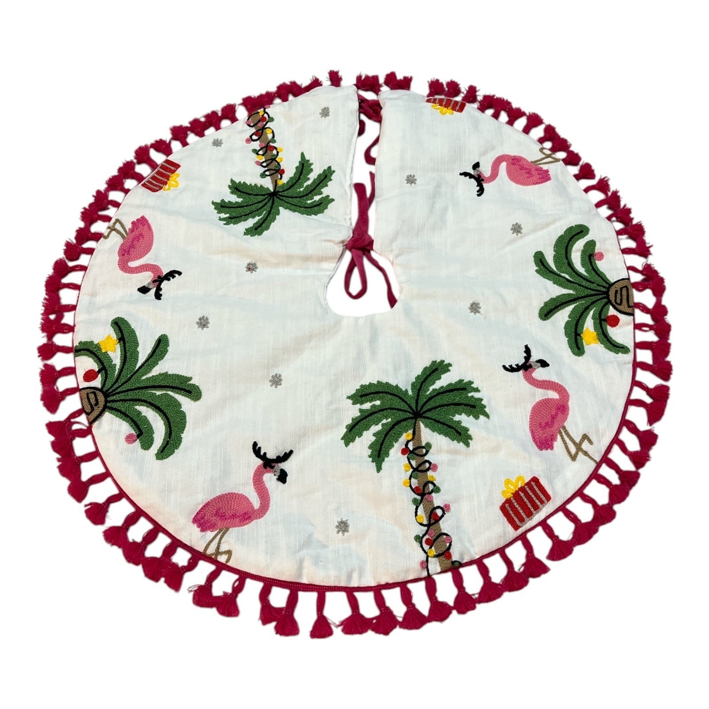 En Vogue International Christmas Flamingo Palm Tree Skirt with Tassel Trim – 24”